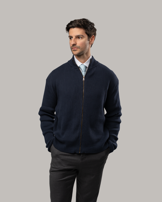 Knitted Zip Up Cardigan - Navy