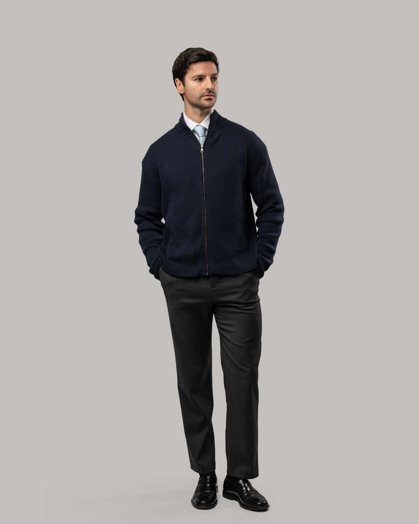 Knitted Zip Up Cardigan - Navy